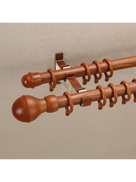 QYT2823 1-1/8" Wood Grain Nano Mute Double Curtain Rod Set Acorn Finial Custom Made Teak Color