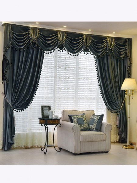 New arrival Denali Grey and Black Waterfall and Swag Valance and Sheers Custom Made Chenille Velvet Curtains Pair