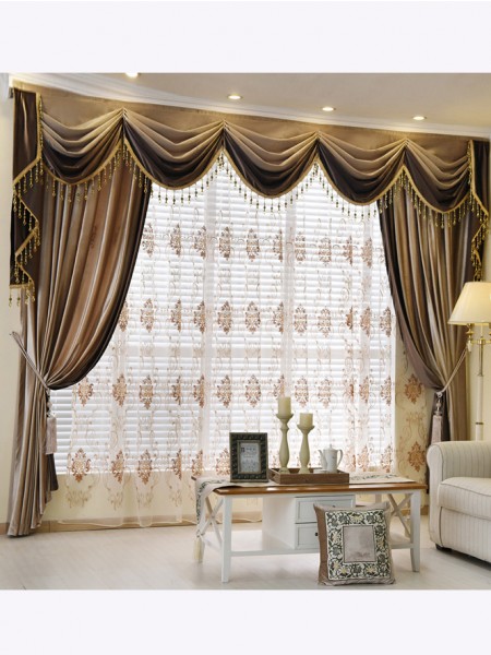 New arrival Denali Brown Plain Waterfall and Swag Valance and Sheers Custom Made Chenille Velvet Curtains