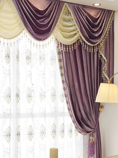 New arrival Denali Purple and Red Waterfall and Swag Valance and Sheers Custom Made Chenille Velvet Curtains