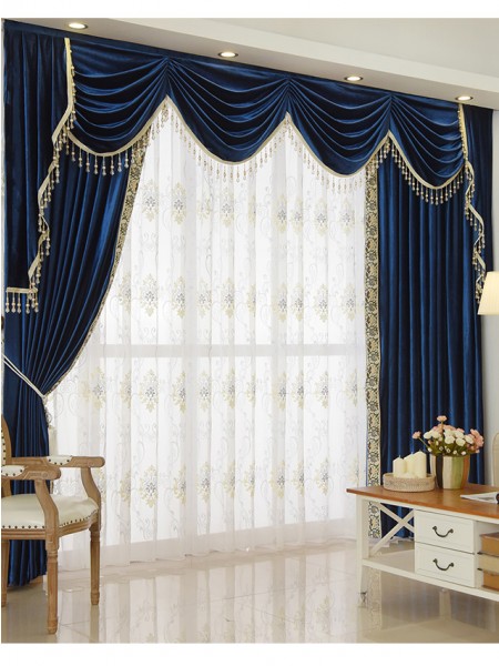 New arrival Denali Blue and Green Waterfall and Swag Valance and Sheers Custom Made Chenille Velvet Curtains