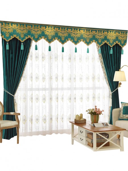 New arrival Denali Blue and Green Plain Waterfall and Swag Valance and Sheers Custom Made Chenille Velvet Curtains Pair For Living Room