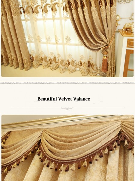 Baltic Embroidered Brown Beige color Floral Waterfall and Swag Valance and Sheers and Chenille Velvet Curtains Pair