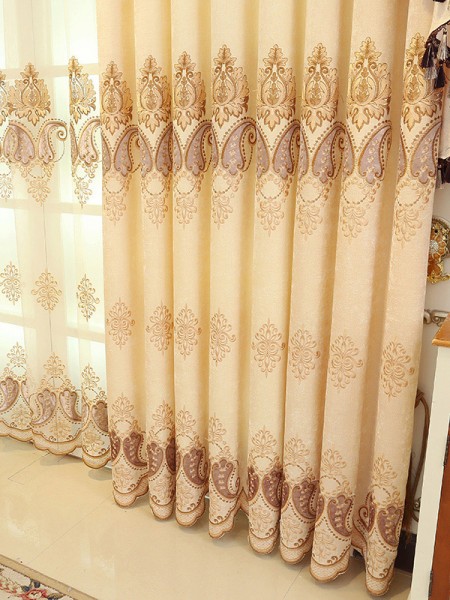 Baltic Embroidered Brown Beige color Floral Waterfall and Swag Valance and Sheers and Chenille Velvet Curtains Pair