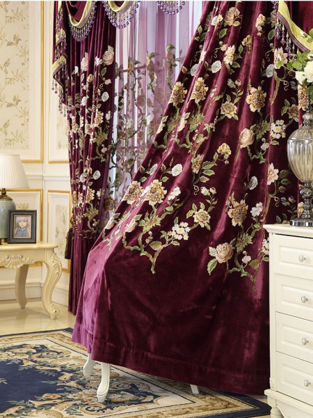 Baltic Embroidered Purplr Floral Leaves Waterfall And Swag