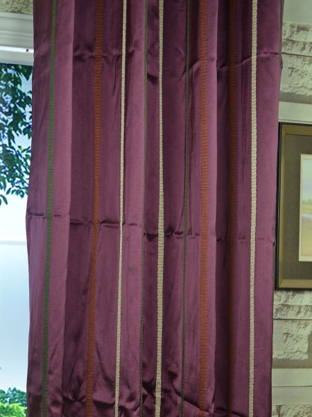 Baltic Embroidered Striped Grommet Curtain (Color: Claret)