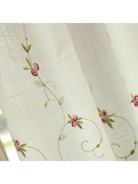 Winston Little Rose Embroidered Grommet Cafe Curtains for Kitchen and Bathroom Fabric Detail