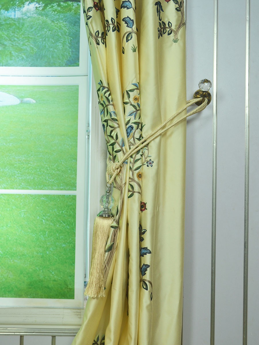 63 Inch 96 Inch Beige Blue Embroidered Bird Tree Grommet Faux