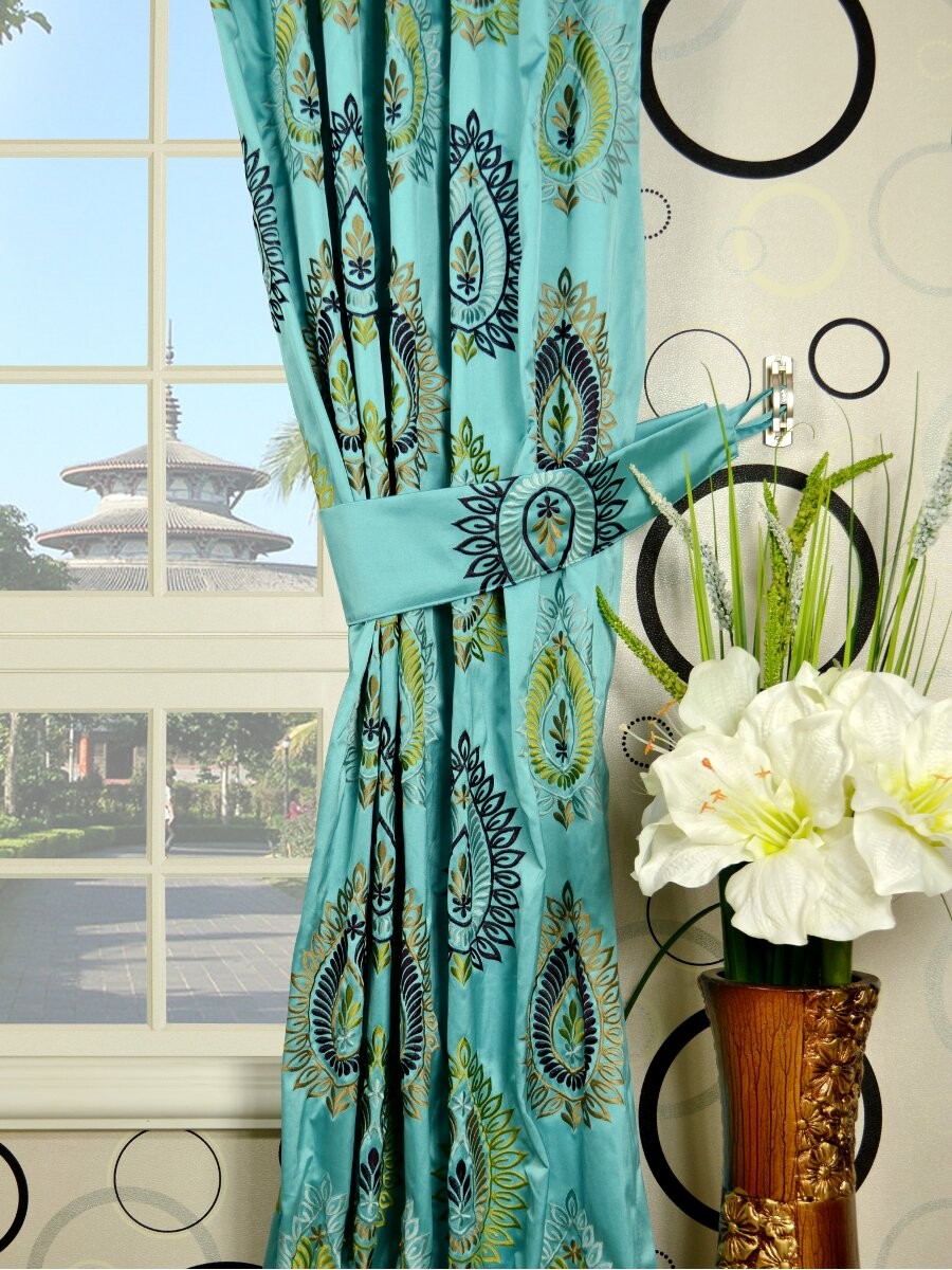 Silver Beach Embroidered Extravagant Pencil Pleat Faux Silk Curtains