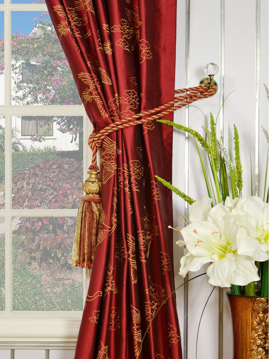 Halo Embroidered Cranes Rod Pocket Dupioni Silk Curtains