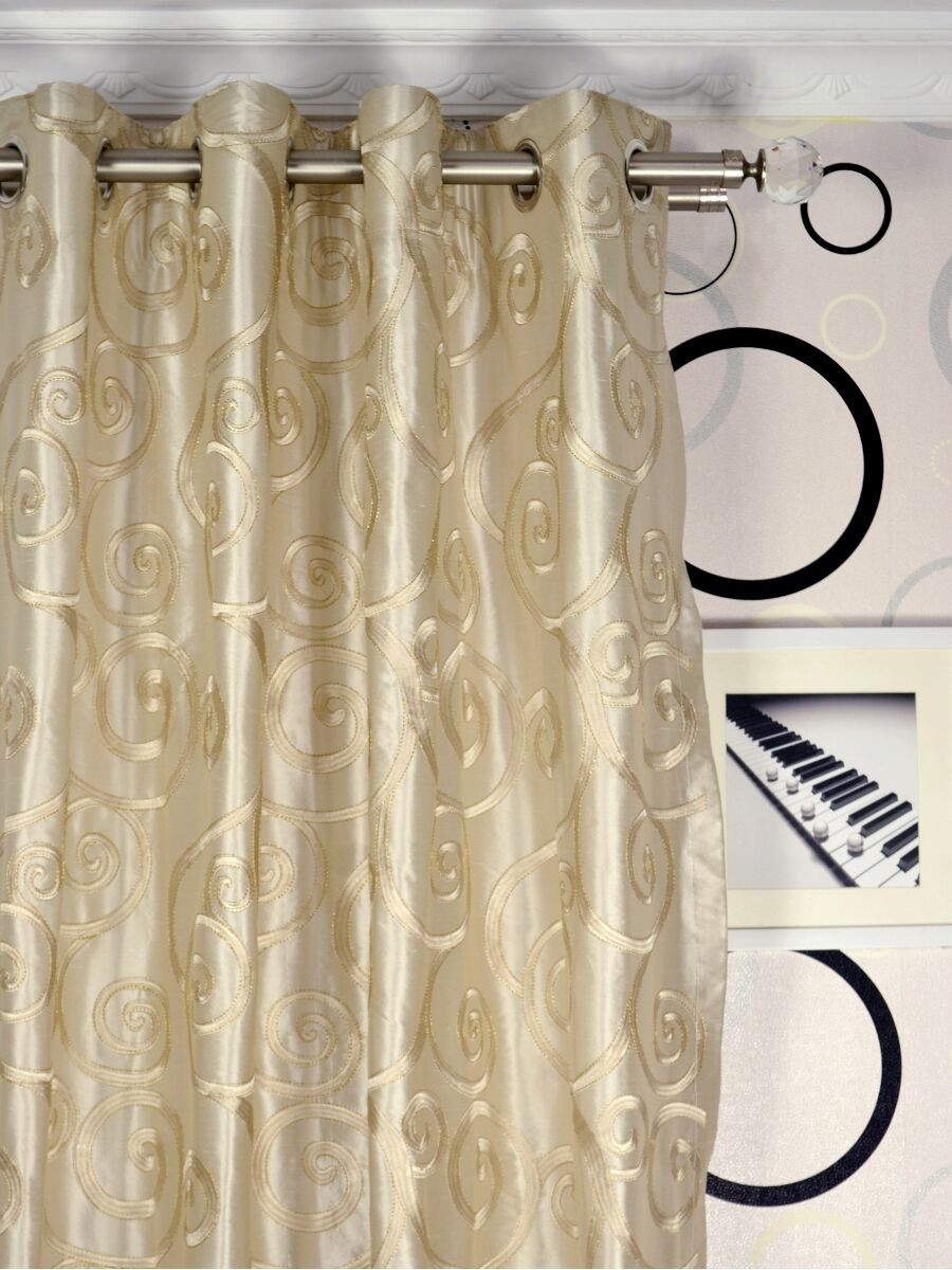Rainbow Embroidered Scroll Grommet Dupioni Silk Curtains