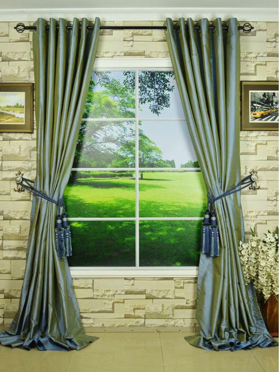 Oasis Solid Blue Grommet Dupioni Silk Ready Made Curtain