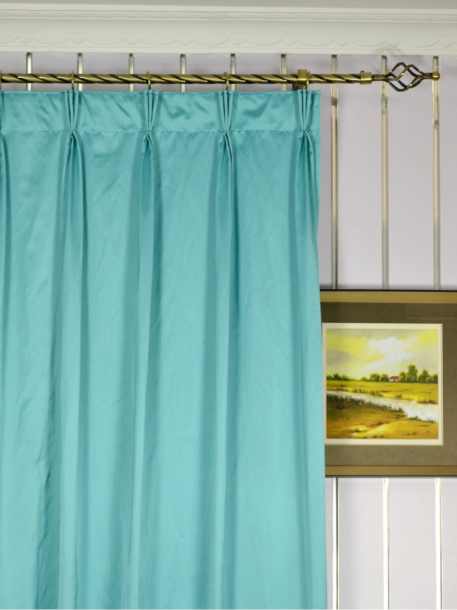 Waterfall Solid Blue Triple Pinch Pleat Faux Silk Curtains