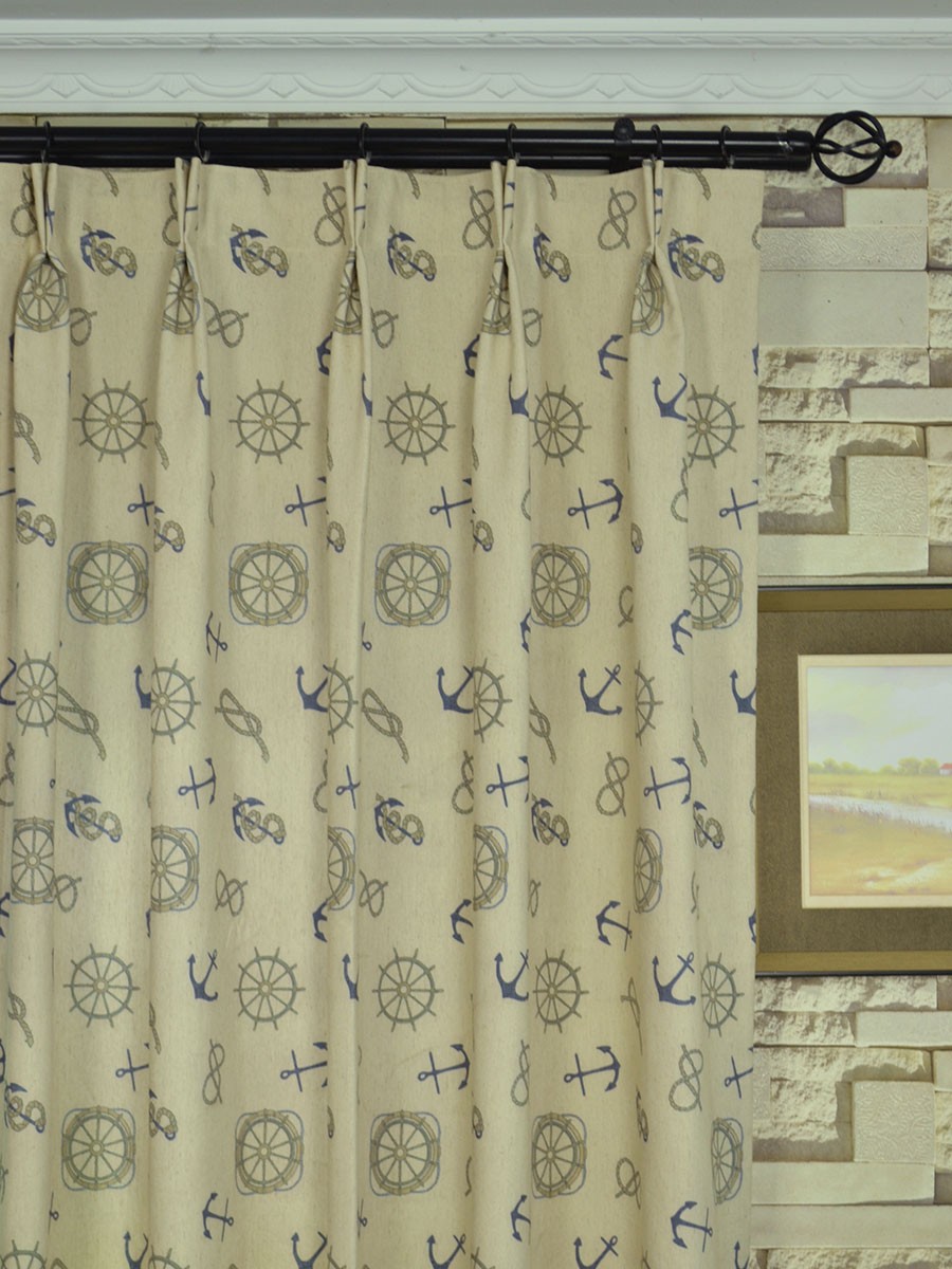 Eos Nautical Printed Faux Linen Double Pinch Pleat Curtain