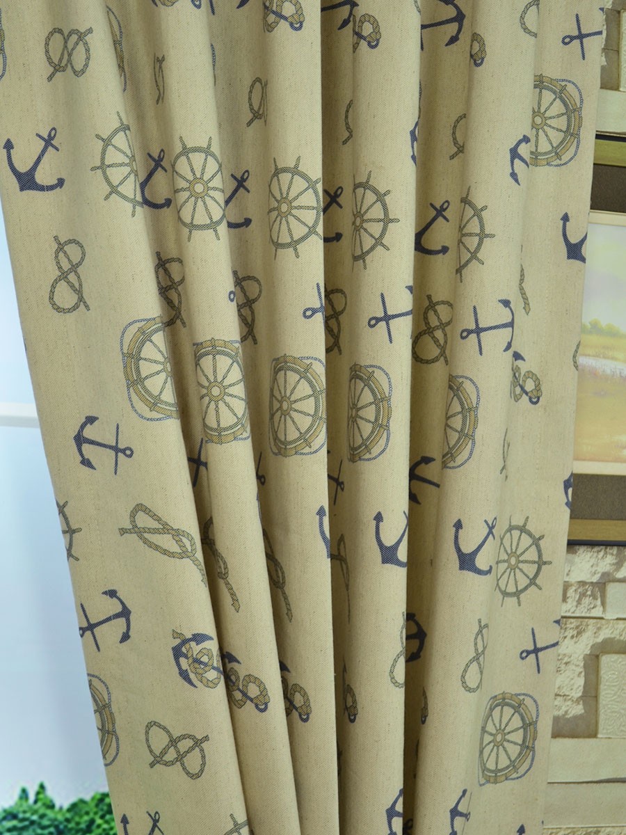 Eos Nautical Printed Faux Linen Double Pinch Pleat Curtain